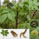 Montage botanique de l’éleuthérocoque (Eleutherococcus senticosus) montrant les feuilles palmées, les tiges épineuses, les baies noires et les racines de la plante adaptogène