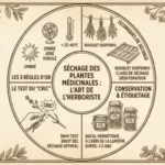 Infographie complète au style vintage expliquant comment faire sécher les plantes médicinales : détails sur les règles d'or (ombre, température), les techniques (claies, bouquets), le test du "cric" et la conservation en bocaux