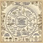 Infographie détaillée illustrant l'approche physiologique des plantes médicinales pour le diabète. Le schéma explique les mécanismes d'action du moringa, de la nigelle, du ginseng, du gymnema, de la cannelle, du fenugrec et de l'ail, tout en rappelant l'importance cruciale de la nutrition, de l'exercice physique et de la surveillance médicale stricte.
