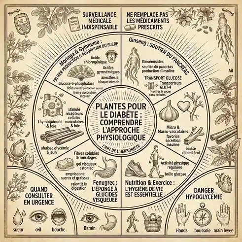 Infographie détaillée illustrant l'approche physiologique des plantes médicinales pour le diabète. Le schéma explique les mécanismes d'action du moringa, de la nigelle, du ginseng, du gymnema, de la cannelle, du fenugrec et de l'ail, tout en rappelant l'importance cruciale de la nutrition, de l'exercice physique et de la surveillance médicale stricte.
