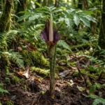 Le Konjac (Amorphophallus konjac K.Koch) – photographie réaliste d’une plante tropicale à grande feuille ombelliforme ou à spathe pourpre entourant un spadice central, observée en milieu naturel humide.