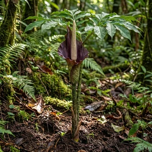 Le Konjac (Amorphophallus konjac K.Koch) – photographie réaliste d’une plante tropicale à grande feuille ombelliforme ou à spathe pourpre entourant un spadice central, observée en milieu naturel humide.