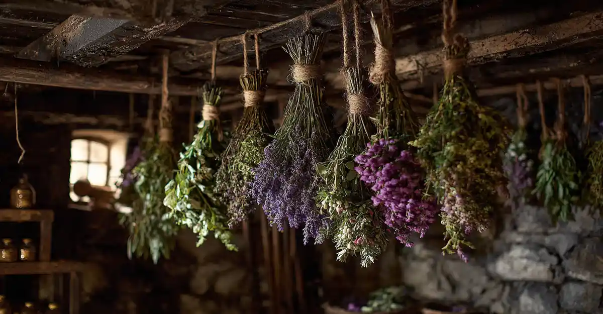Technique du bouquet suspendu avec élastique Bouquet de plantes médicinales suspendu tête en bas pour séchage naturel à l'ombre