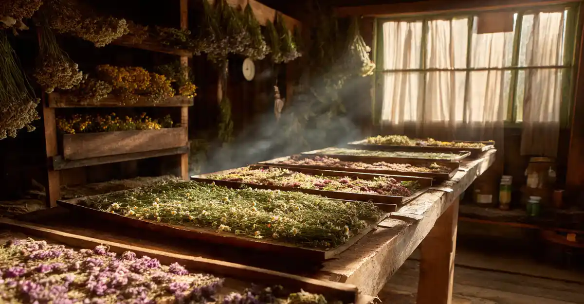 Claies de séchage traditionnelles en bois Séchage de fleurs et plantes médicinales sur des claies en bois aérées pour éviter la moisissure