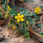 Tribulus (Tribulus terrestris L.) – photographie réaliste d’une plante rampante au ras du sol, aux petites fleurs jaunes et aux fruits épineux caractéristiques, en milieu sec et ensoleillé.