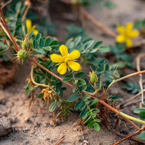 Tribulus (Tribulus terrestris L.) – photographie réaliste d’une plante rampante au ras du sol, aux petites fleurs jaunes et aux fruits épineux caractéristiques, en milieu sec et ensoleillé.