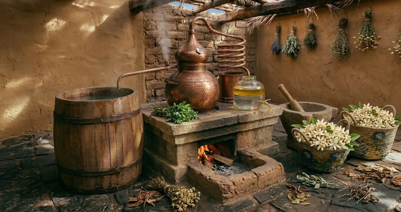 Alambic traditionnel en cuivre chauffé au bois pour la distillation d'huiles essentielles et d'hydrolats