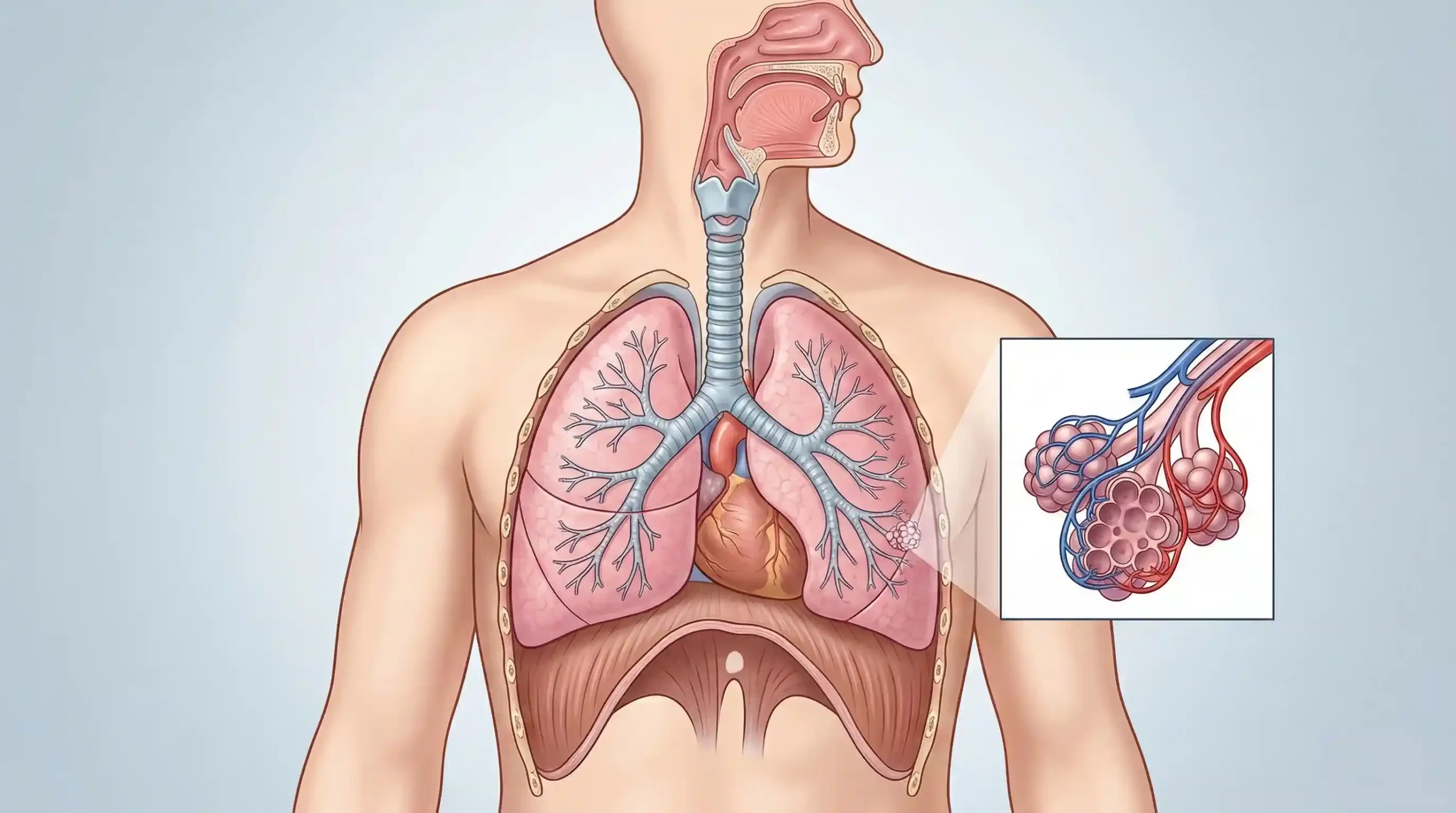Schéma détaillé de l'anatomie du système respiratoire humain montrant les poumons et les alvéoles