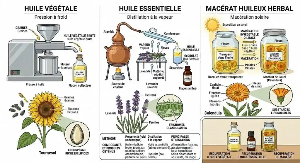 différence huile essentielle et végétale : comparatif des méthodes d'extraction en phytothérapie clinique