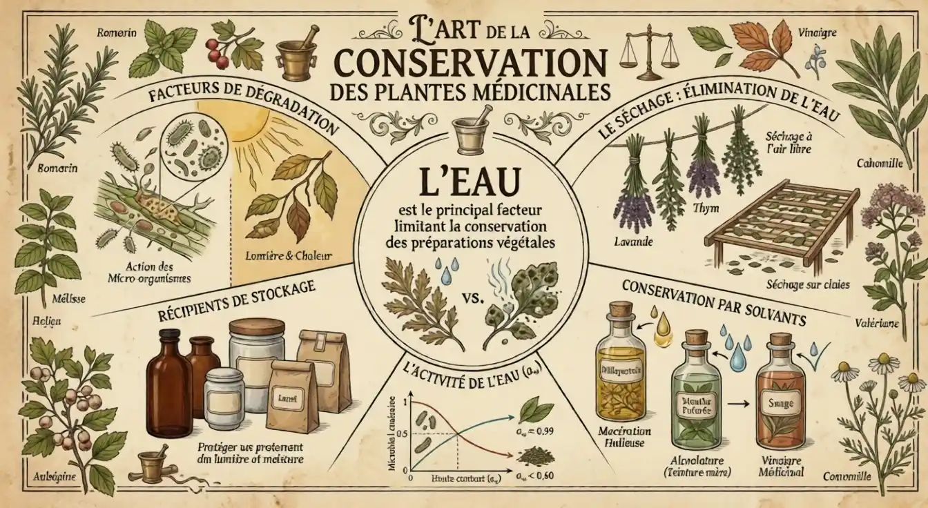 Conservation des préparations végétales : l’eau comme facteur limitant influençant la durée de vie, les conservateurs naturels et la stabilité des macérâts huileux et teintures mère alcool
