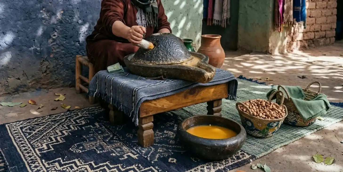 Extraction traditionnelle d'une huile végétale par pression à froid sur meule en pierre