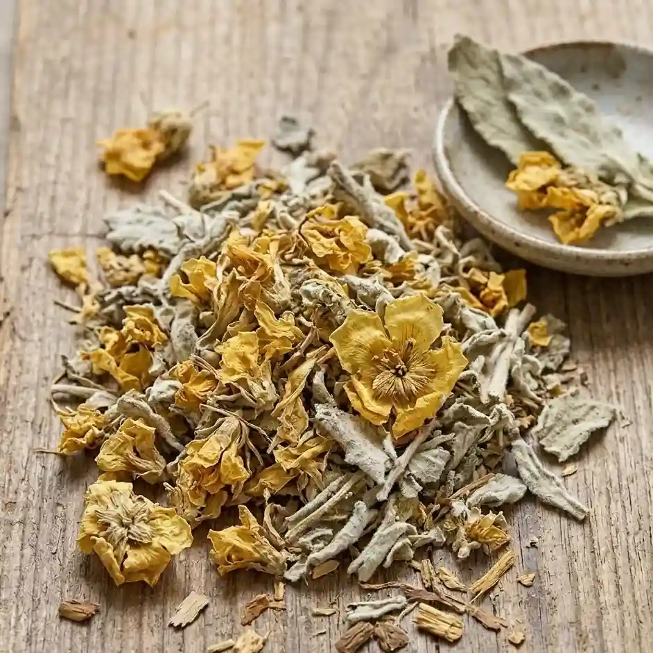 Corolles séchées de fleurs de Bouillon blanc (Verbascum thapsus) sur un support en bois, montrant la partie de la plante utilisée pour apaiser la toux sèche.