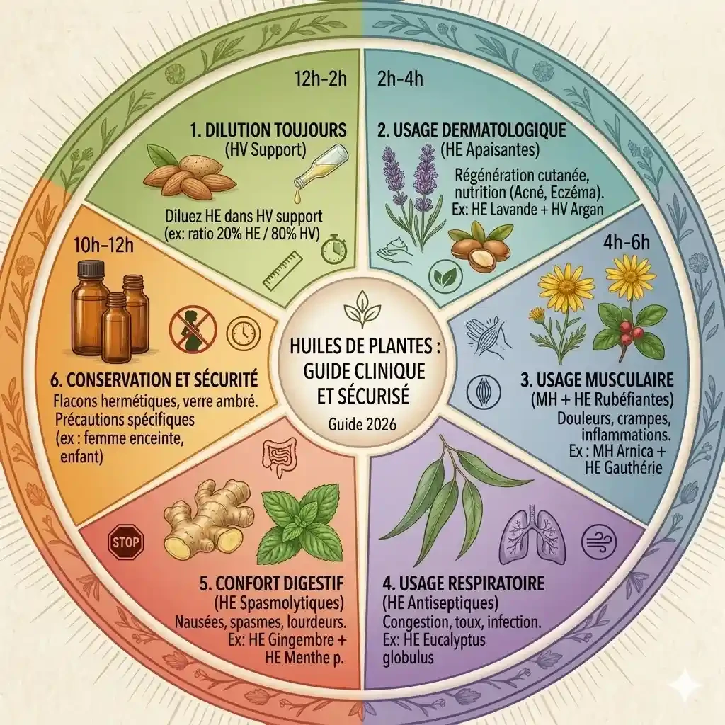 Infographie expliquant la différence huile essentielle et végétale et leurs usages cliniques