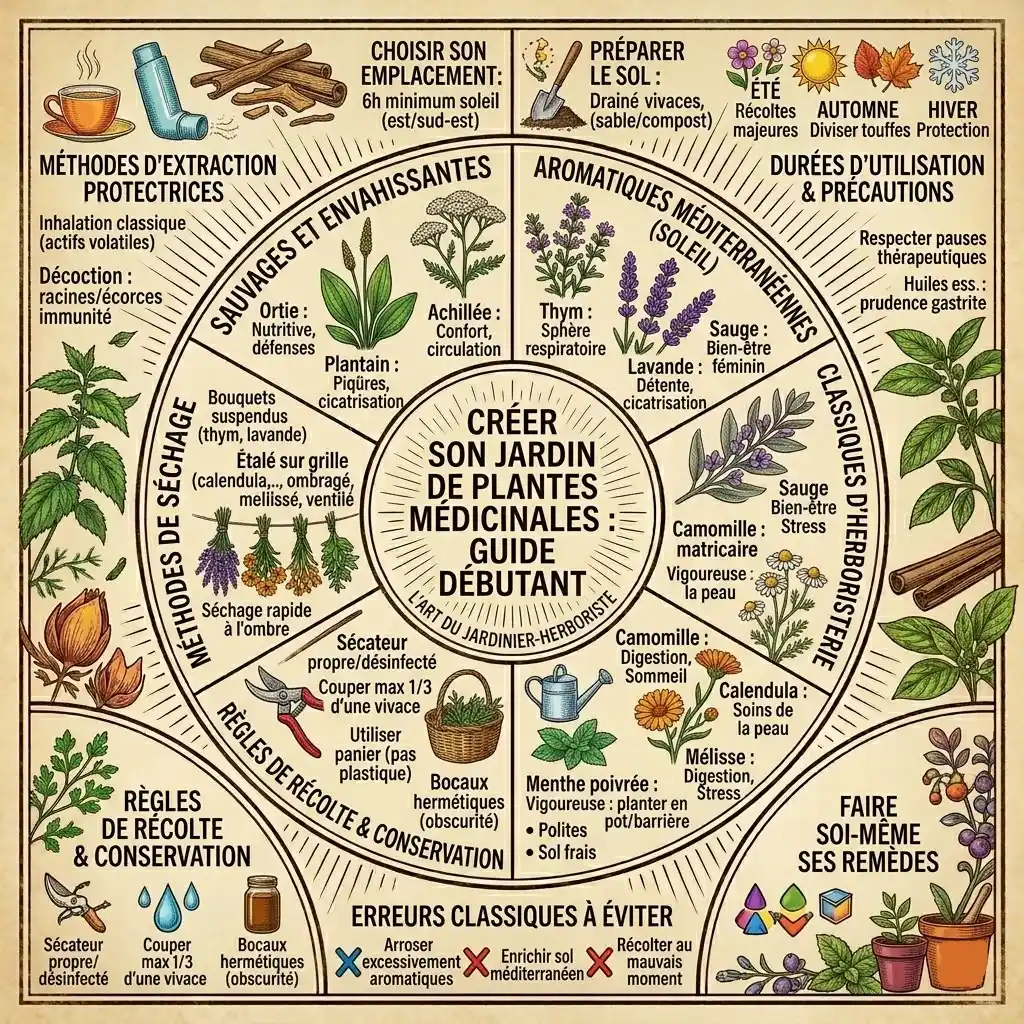 Infographie illustrée de conseils pratiques pour créer son jardin de plantes médicinales.