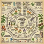 Infographie botanique de style ancien expliquant comment utiliser les plantes pour calmer le stress et l'anxiété, avec une classification détaillée des remèdes adaptogènes, anxiolytiques et sédatifs.