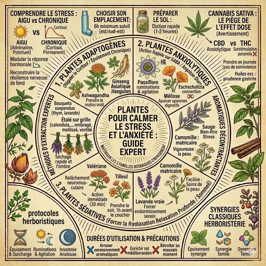 Infographie botanique de style ancien expliquant comment utiliser les plantes pour calmer le stress et l'anxiété, avec une classification détaillée des remèdes adaptogènes, anxiolytiques et sédatifs.