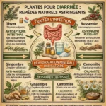 Infographie pédagogique illustrant les plantes pour diarrhée comme la busserole et le thym, avec des conseils sur l'astringence et la réhydratation.