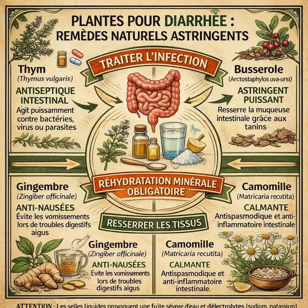 Infographie pédagogique illustrant les plantes pour diarrhée comme la busserole et le thym, avec des conseils sur l'astringence et la réhydratation.