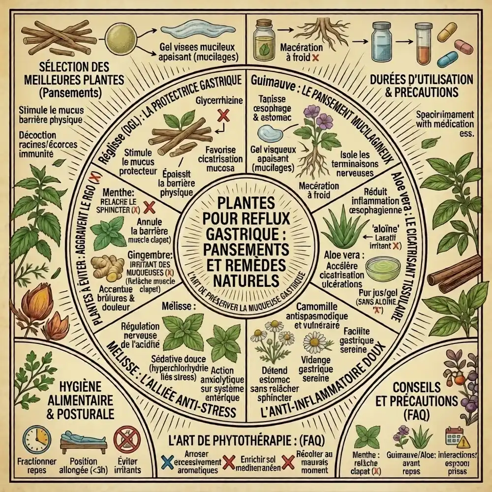 Infographie illustrant les meilleures plantes pour reflux gastrique, les remèdes naturels conseillés comme la guimauve, et les erreurs à éviter pour protéger l'estomac.
