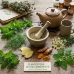 Une sélection expert de plantes pour les ballonnements, incluant fenouil, menthe, gingembre, curcuma, camomille et mélisse, disposées pour la préparation d'une infusion naturelle