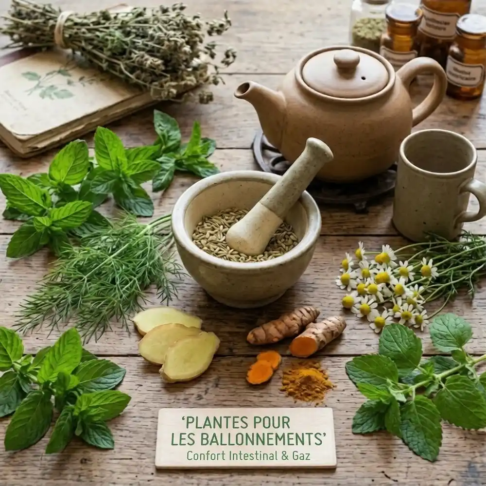 Une sélection expert de plantes pour les ballonnements, incluant fenouil, menthe, gingembre, curcuma, camomille et mélisse, disposées pour la préparation d'une infusion naturelle