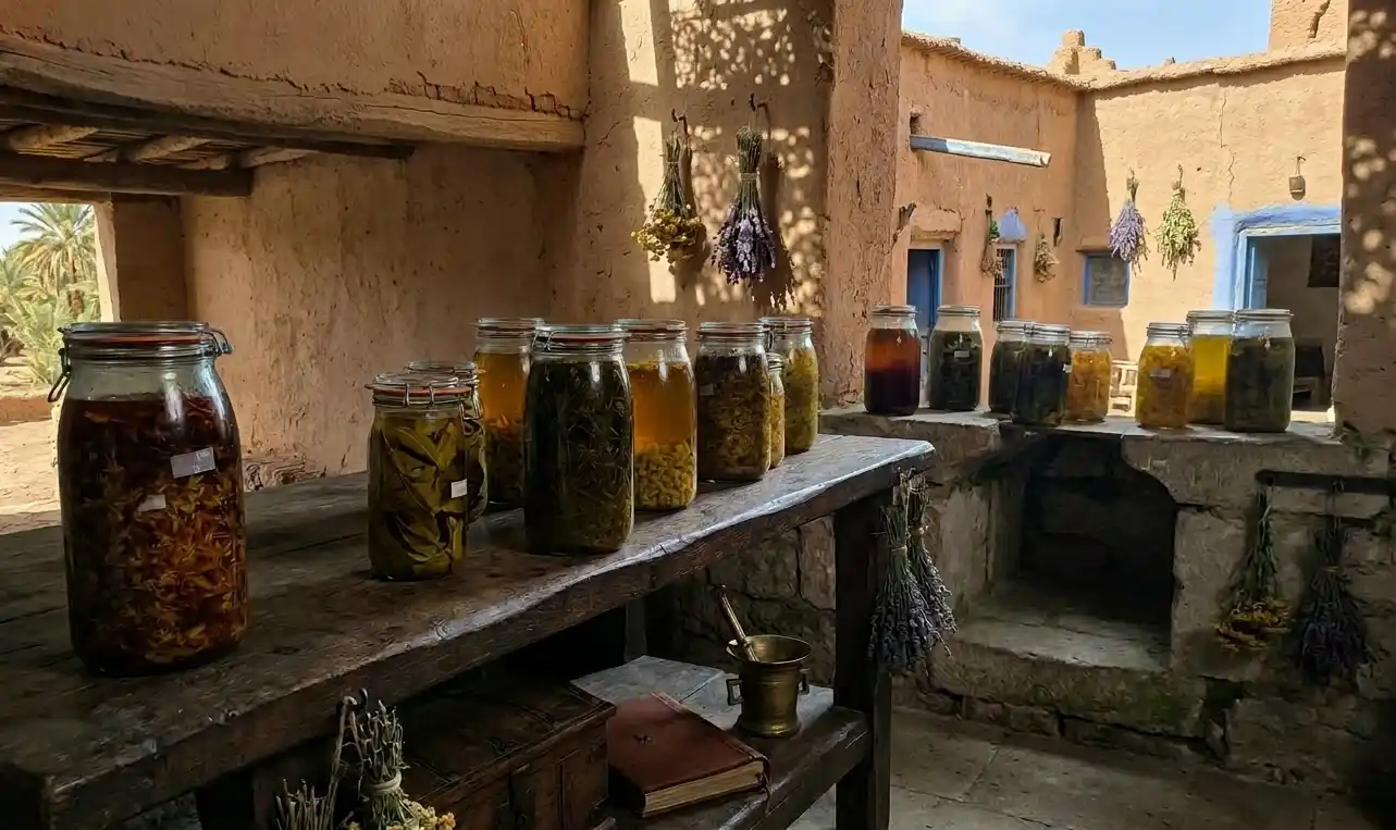 Préparation traditionnelle de macérâts huileux de plantes médicinales dans des bocaux en verre