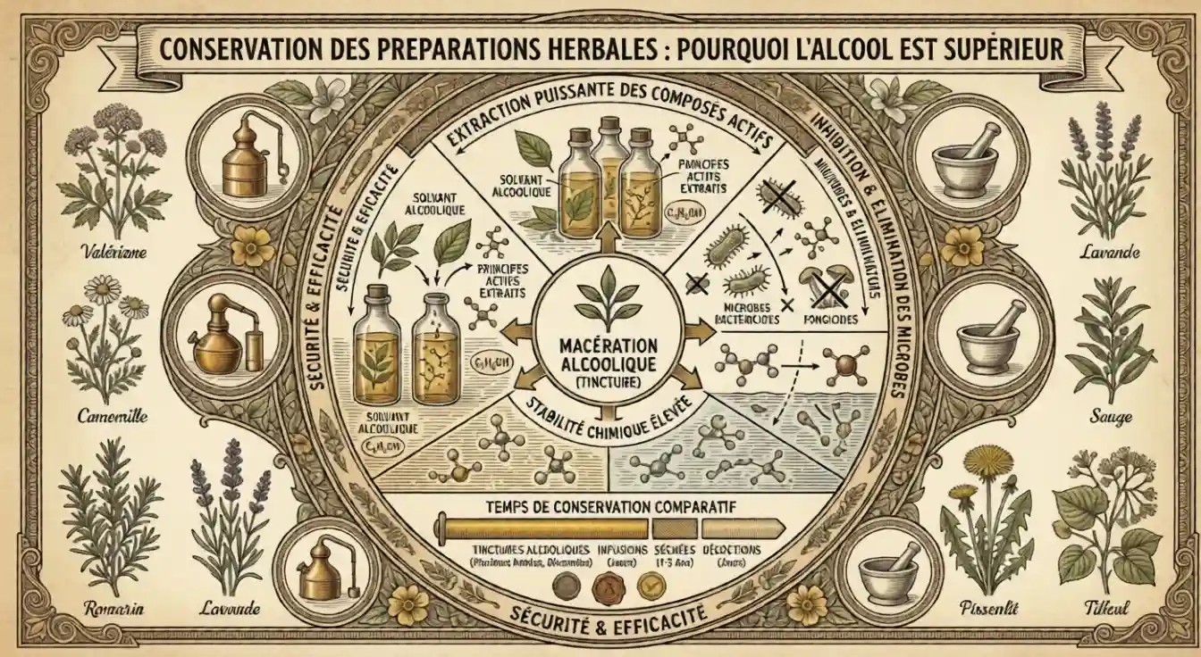 Teinture mère à l'alcool Conservation des préparations végétales : la teinture mère hydroalcoolique comme solution optimale pour prolonger la durée de vie grâce aux conservateurs naturels, comparée au macérât huileux