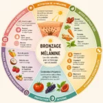 Infographie circulaire sur l’accélérateur de bronzage naturel présentant les actifs végétaux, vitamines et huiles favorisant la production de mélanine et la protection naturelle de la peau