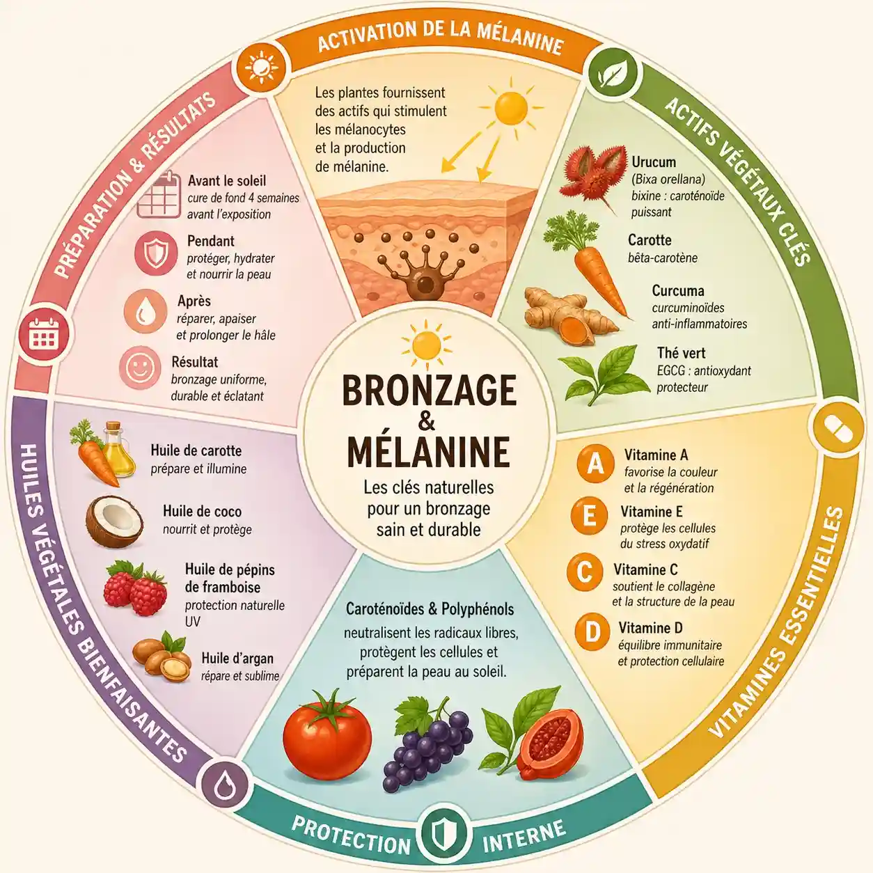 Infographie circulaire sur l’accélérateur de bronzage naturel présentant les actifs végétaux, vitamines et huiles favorisant la production de mélanine et la protection naturelle de la peau
