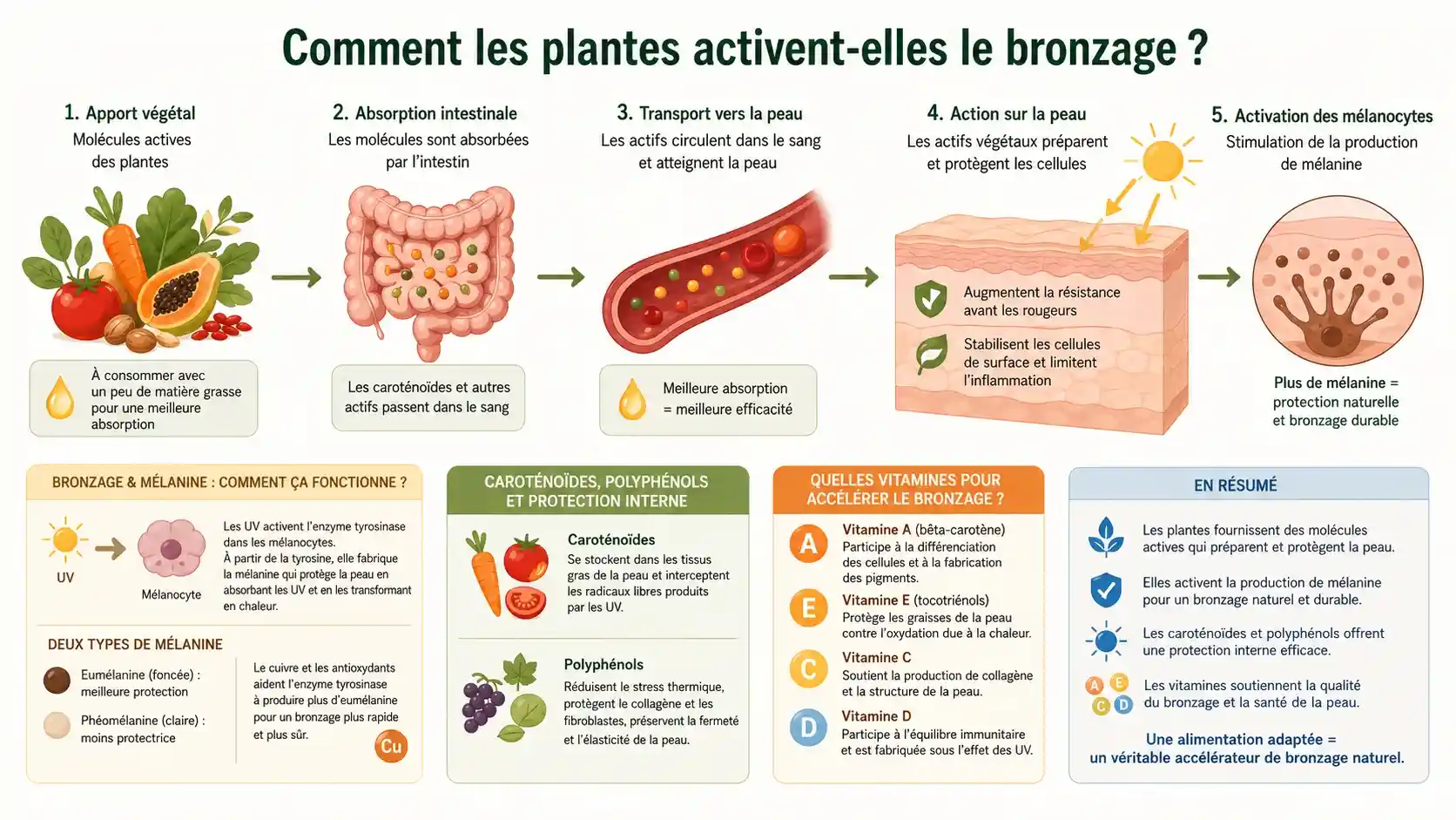 Bronzage et Mélanine : vitamines et actifs naturels pour préparer la peau au soleil Schéma explicatif du bronzage et mélanine montrant comment les vitamines et actifs végétaux stimulent la production de mélanine pour favoriser un bronzage naturel et protéger la peau.