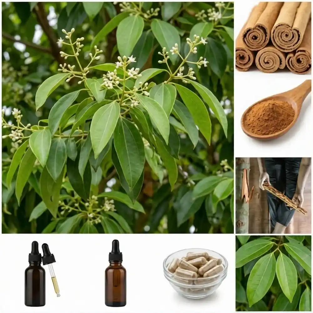Cannelle de Ceylan (Cinnamomum verum) : feuilles et fleurs de l’arbre, bâtons de cannelle, poudre, écorce récoltée, huile essentielle et gélules naturelles