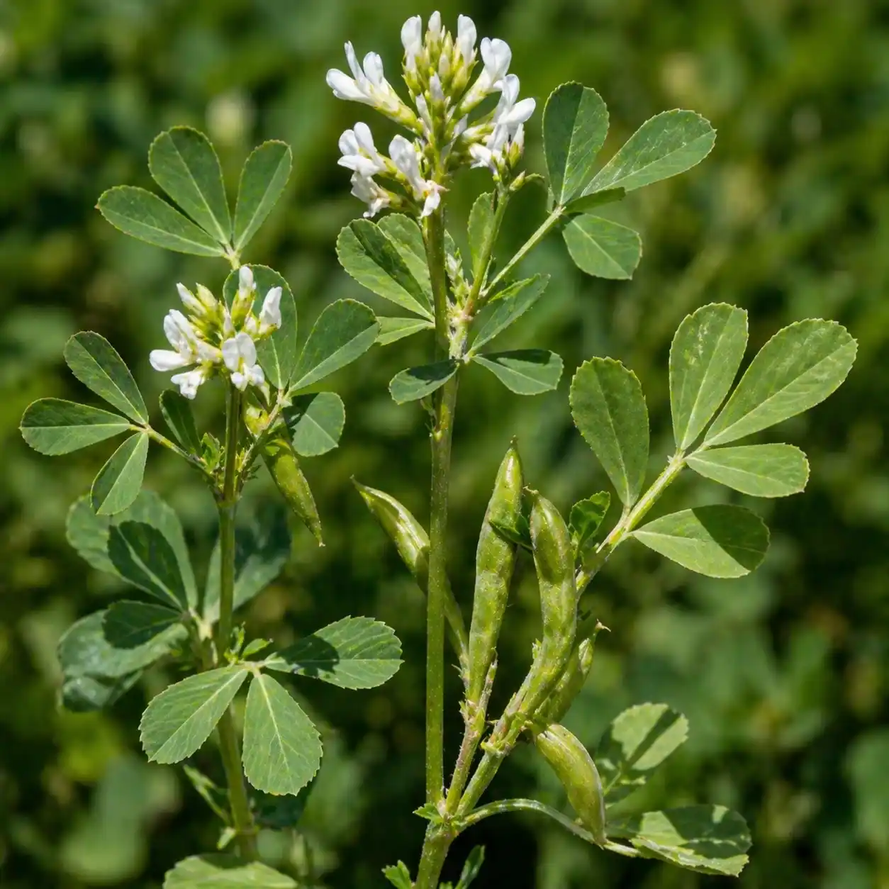 Fenugrec (Trigonella foenum-graecum) en fleurs — tiges dressées, fleurs blanches et gousses vertes allongées caractéristiques