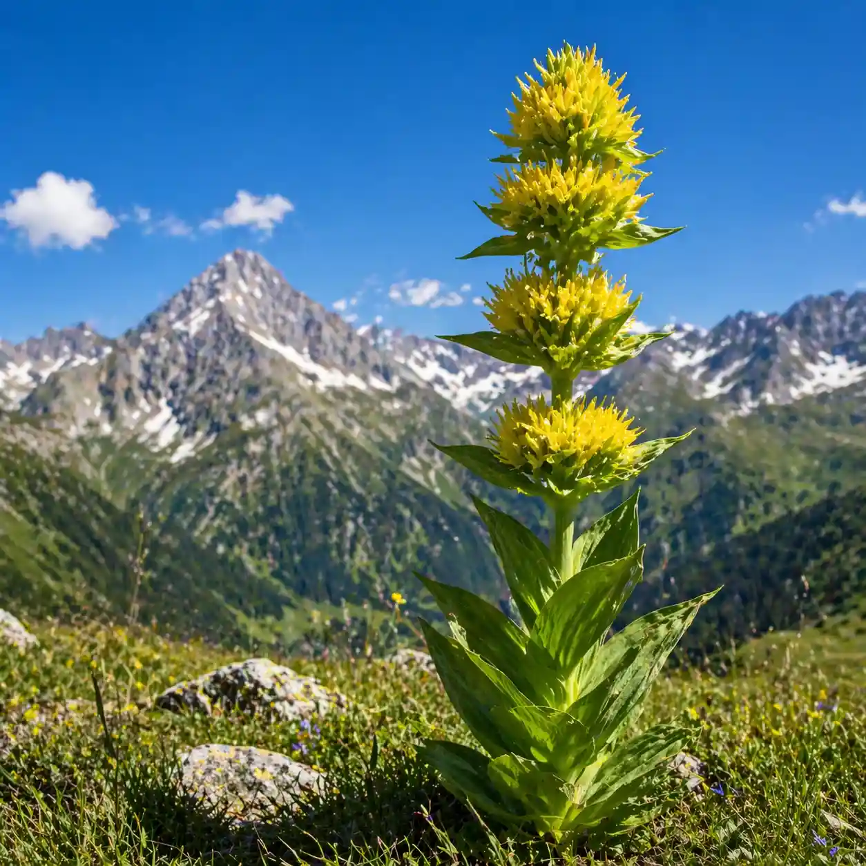 Grande Gentiane jaune en fleur dans les Alpes — Gentiana lutea en prairie d'altitude, plante médicinale tonique digestif