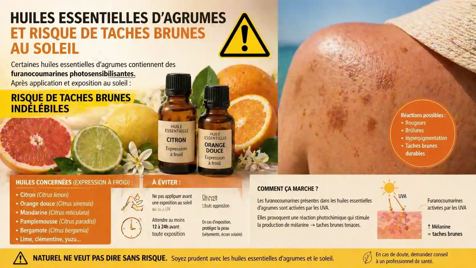 Flacons d’huiles essentielles d’agrumes avec fruits frais à côté et peau présentant des taches brunes après exposition au soleil, illustration du risque de photosensibilisation