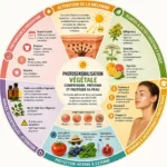 Infographie circulaire sur les plantes photosensibilisantes montrant les mécanismes de phototoxicité, les actifs végétaux à risque, les symptômes cutanés et les mesures de prévention face aux UV