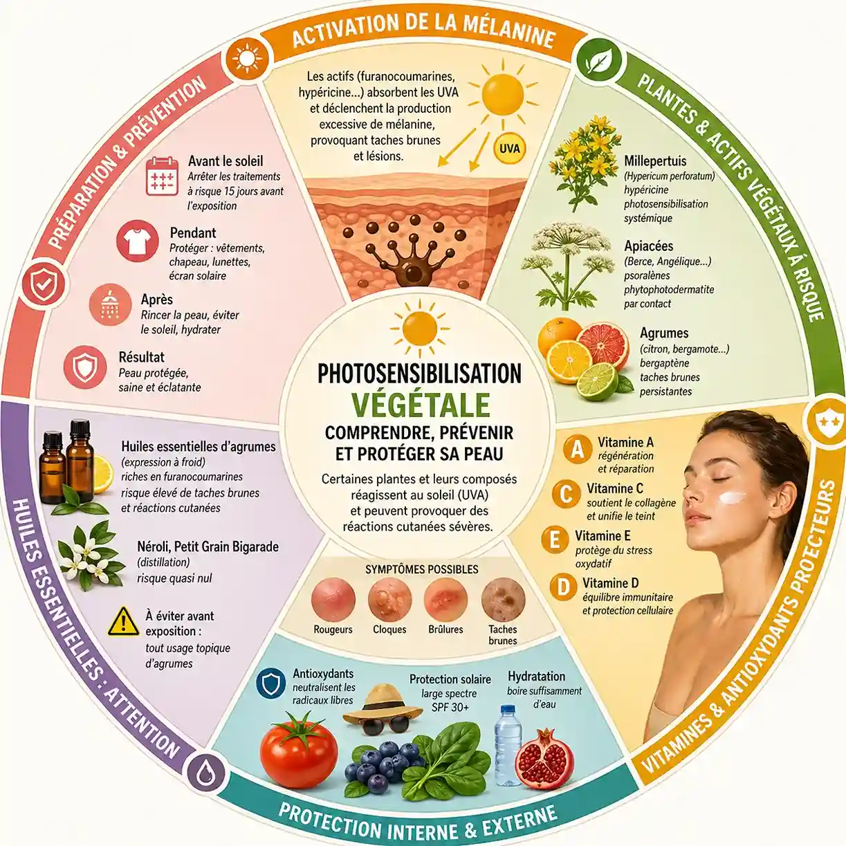 Infographie circulaire sur les plantes photosensibilisantes montrant les mécanismes de phototoxicité, les actifs végétaux à risque, les symptômes cutanés et les mesures de prévention face aux UV