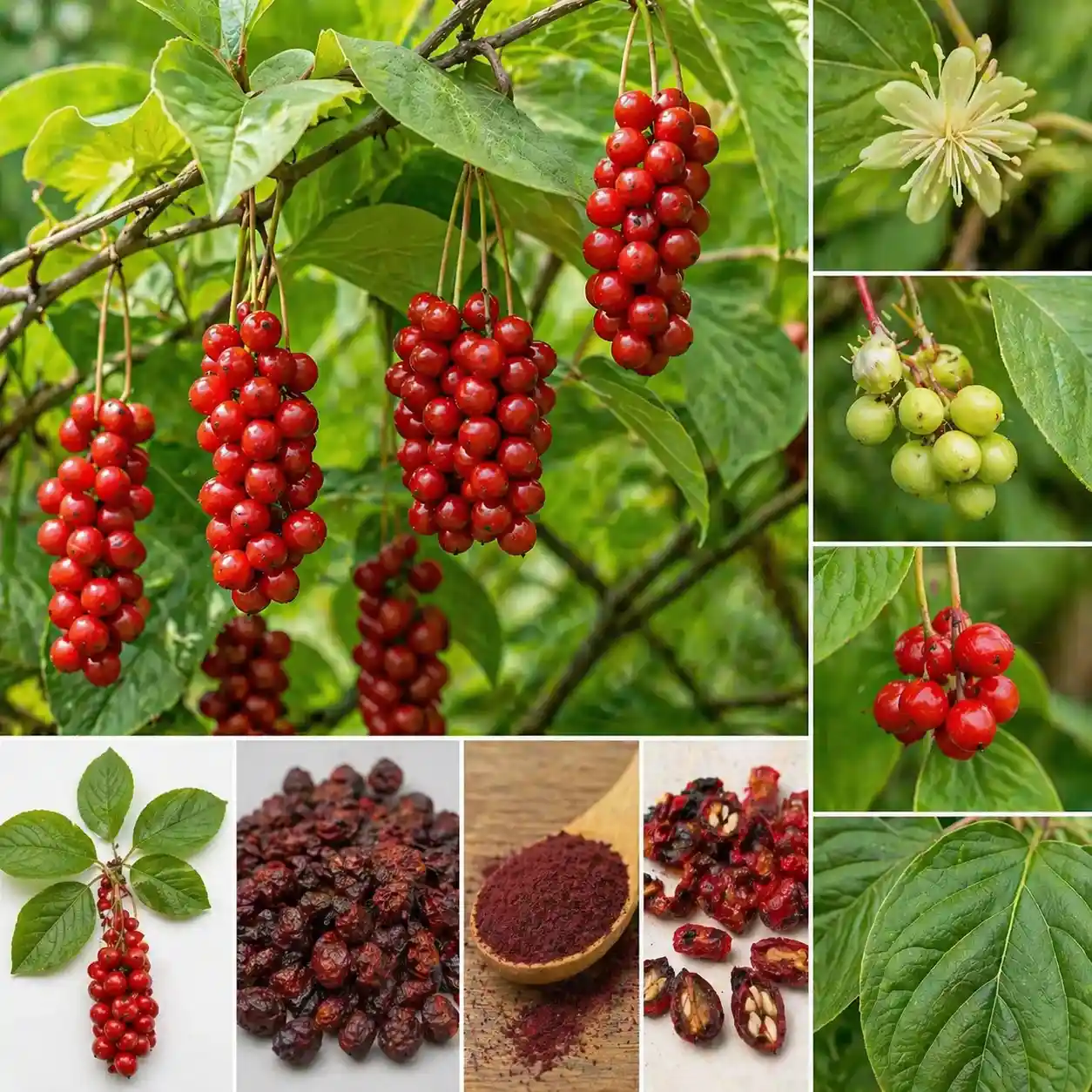 Schisandra chinensis (WuWeiZi) : baies rouges mûres, fleur blanche, baies immatures, baies séchées, poudre et graines — parties utilisées en phytothérapie