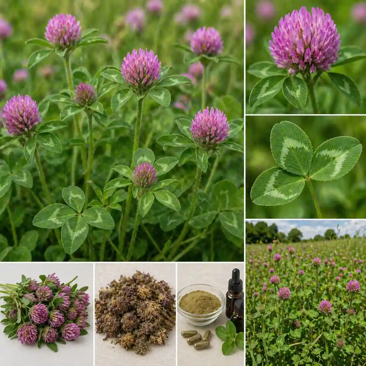 Image botanique du trèfle rouge (Trifolium pratense) avec fleurs roses et parties utilisées en phytothérapie