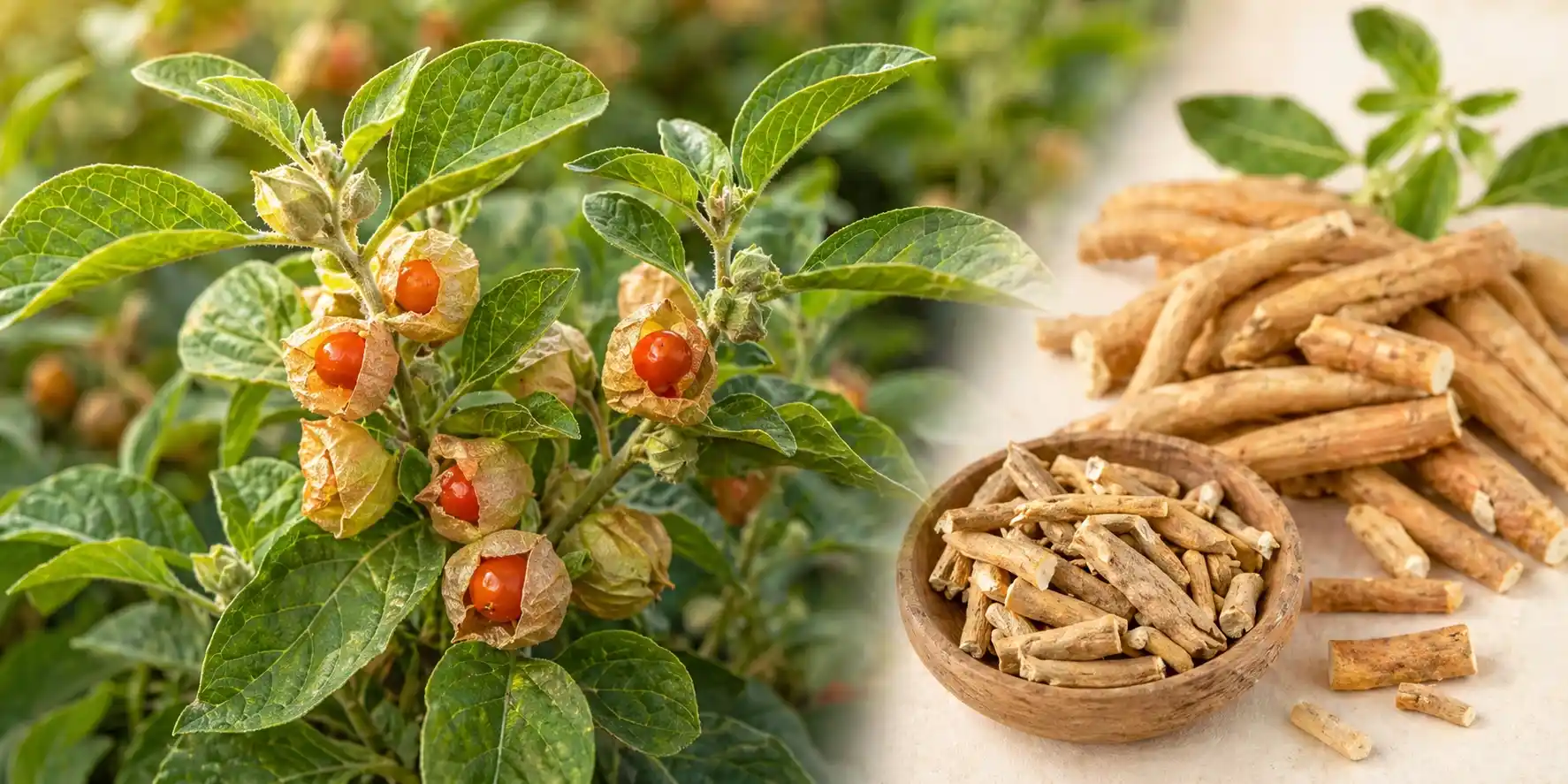 Ashwagandha Withania somnifera — bienfaits, propriétés et contre-indications Ashwagandha (Withania somnifera) : plante entière avec racines, feuilles et baies orangées — plante adaptogène de la médecine ayurvédique