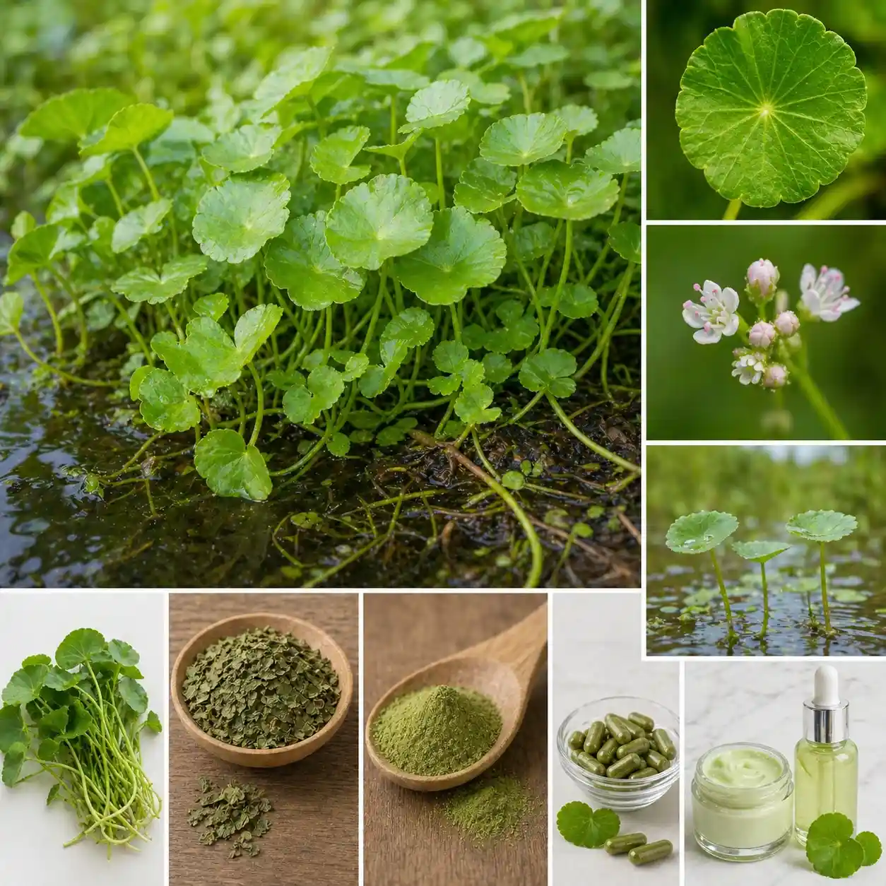 Centella asiatica (Gotu Kola) : plante aquatique aux feuilles rondes, fleurs rose-blanc, parties aériennes fraîches, feuilles séchées, poudre verte, gélules, crème et sérum — identification botanique et formes utilisées en phytothérapie