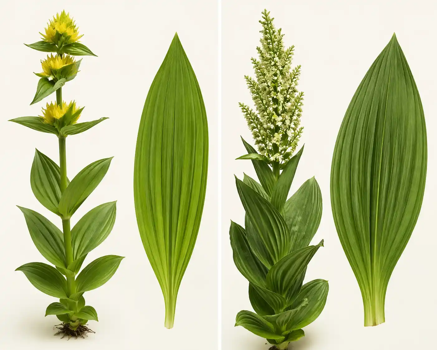 Identification : Comment reconnaître la Gentiane sauvage Comparaison morphologique des feuilles et fleurs : Gentiane jaune médicinale et Vératre blanc toxique