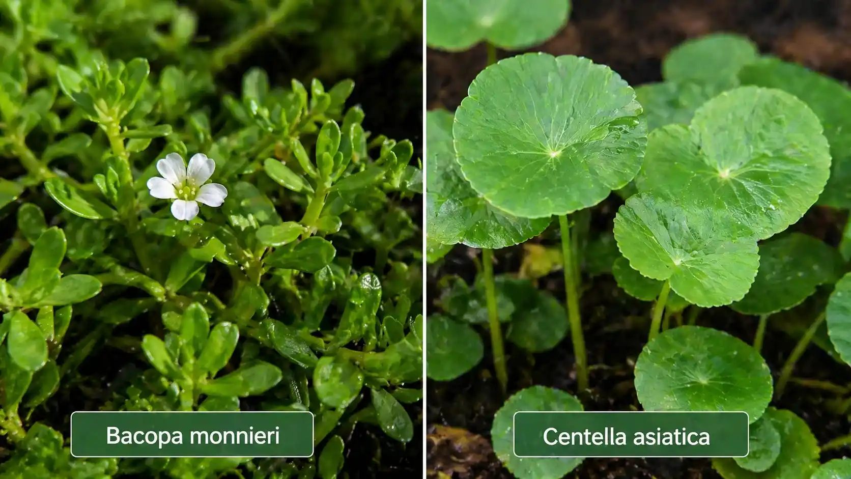 Différencier Bacopa monnieri et Centella asiatica (Gotu Kola) — confusion fréquente autour du nom Brahmi Comparaison botanique : Bacopa monnieri aux petites feuilles charnues ovales et fleur blanche à gauche, Centella asiatica (Gotu Kola) aux grandes feuilles rondes en bouclier à droite — deux plantes toutes deux appelées Brahmi en Inde
