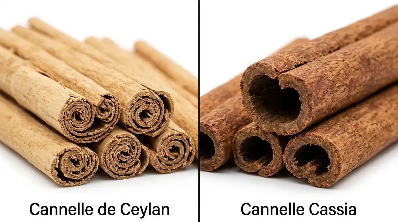 Différencier la cannelle de Ceylan et la cannelle Cassia — guide visuel d'identification Comparaison visuelle : Cannelle de Ceylan (Cinnamomum verum) aux bâtons fins multicouches beige clair à gauche, Cannelle Cassia aux bâtons épais enroulés brun foncé à droite — critères d'identification pour un usage thérapeutique