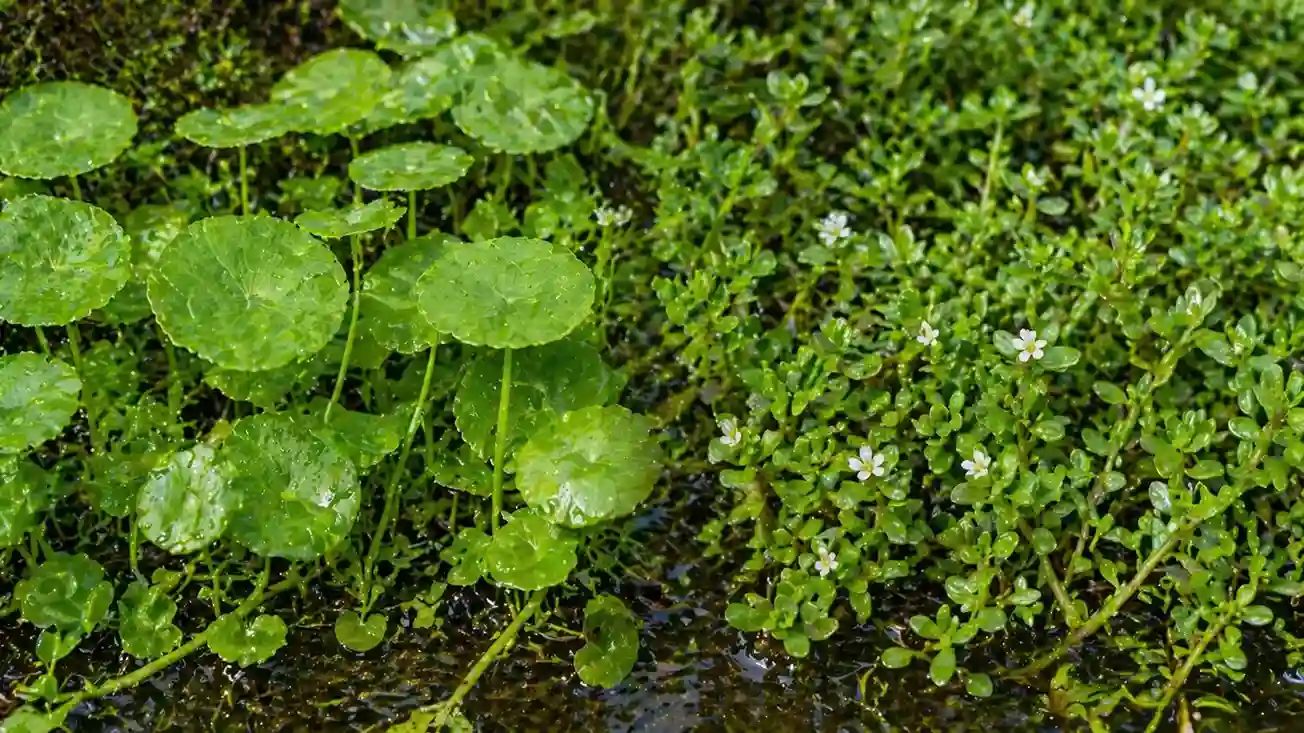 Différencier Centella asiatica et Bacopa monnieri — confusion autour du nom Brahmi Comparaison botanique : Centella asiatica aux grandes feuilles rondes en bouclier à gauche, Bacopa monnieri aux petites feuilles charnues ovales à droite — deux plantes souvent confondues sous le nom Brahmi