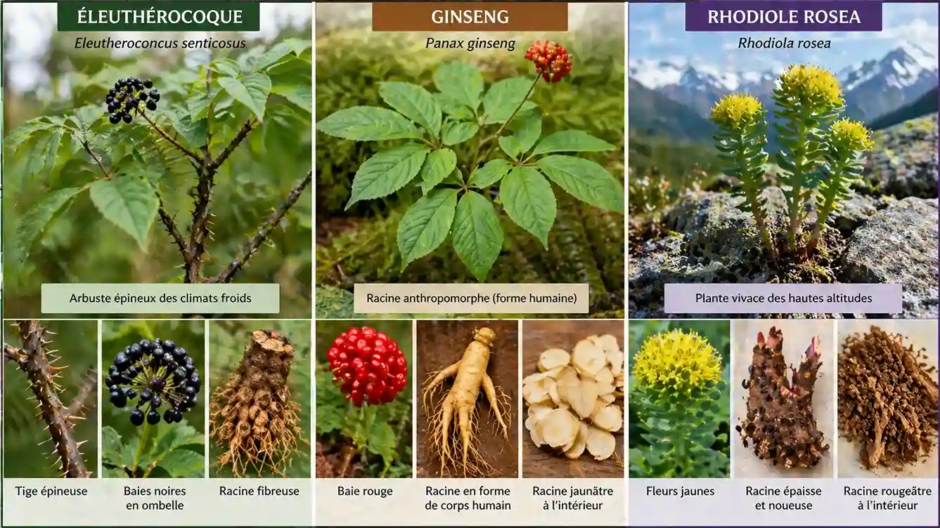 Identification visuelle de l'éleuthérocoque sauvage Comparaison botanique entre Eleutherococcus, Panax ginseng et Rhodiola. Détails des racines et baies.