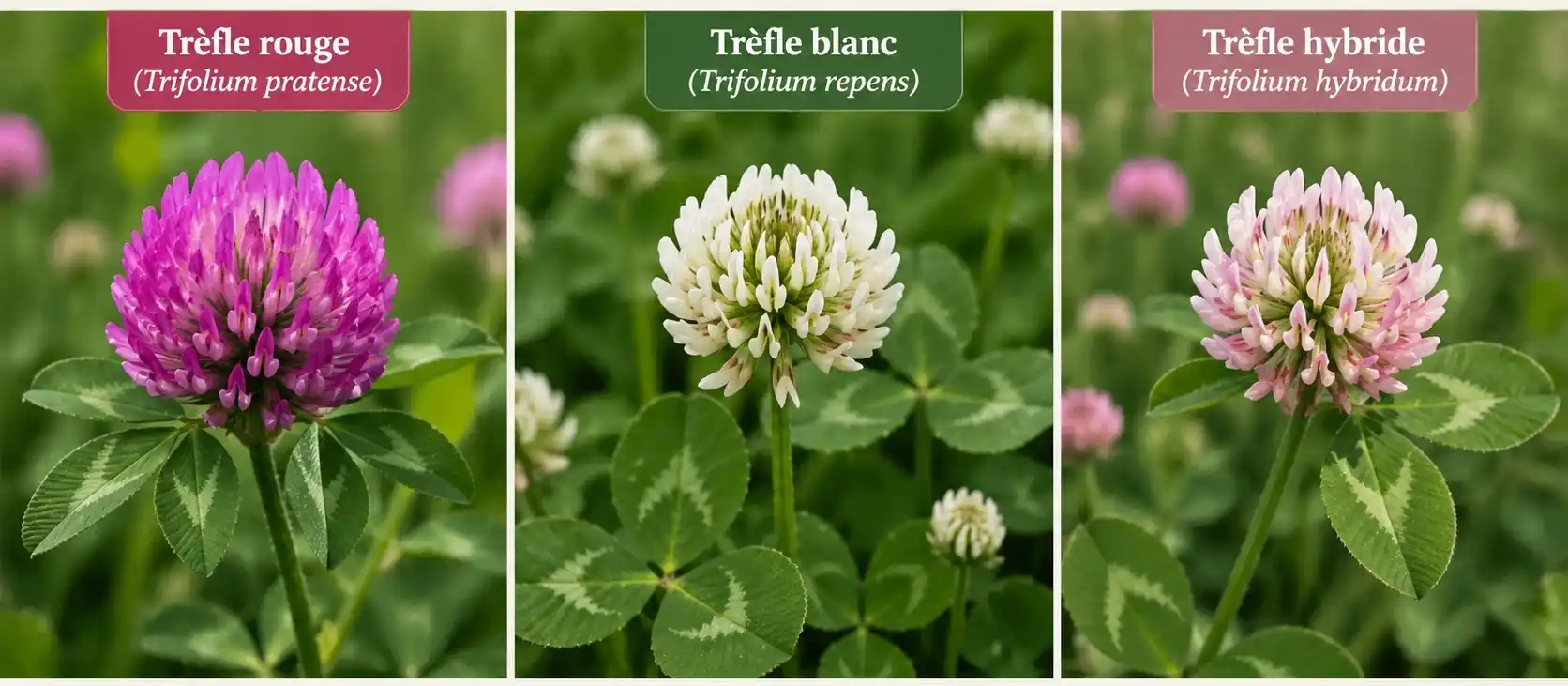 Différencier le trèfle rouge du trèfle blanc et du trèfle hybride Comparaison botanique : Trèfle rouge (Trifolium pratense) aux fleurs rose-violettes, Trèfle blanc (Trifolium repens) aux fleurs blanches et Trèfle hybride (Trifolium hybridum) aux fleurs rose pâle — critères d'identification visuelle