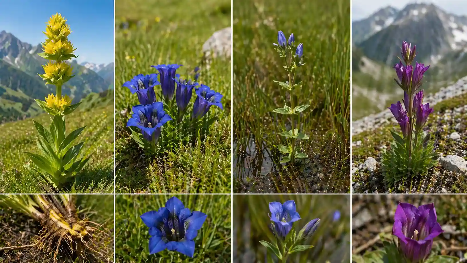 Diversité botanique : les différentes espèces de gentiane sauvages Mosaïque de huit photos montrant la diversité des Gentianacées : Grande Gentiane jaune (fleurs et racines), Gentiane acaule, Gentiane pneumonanthe et Gentiane pourpre.