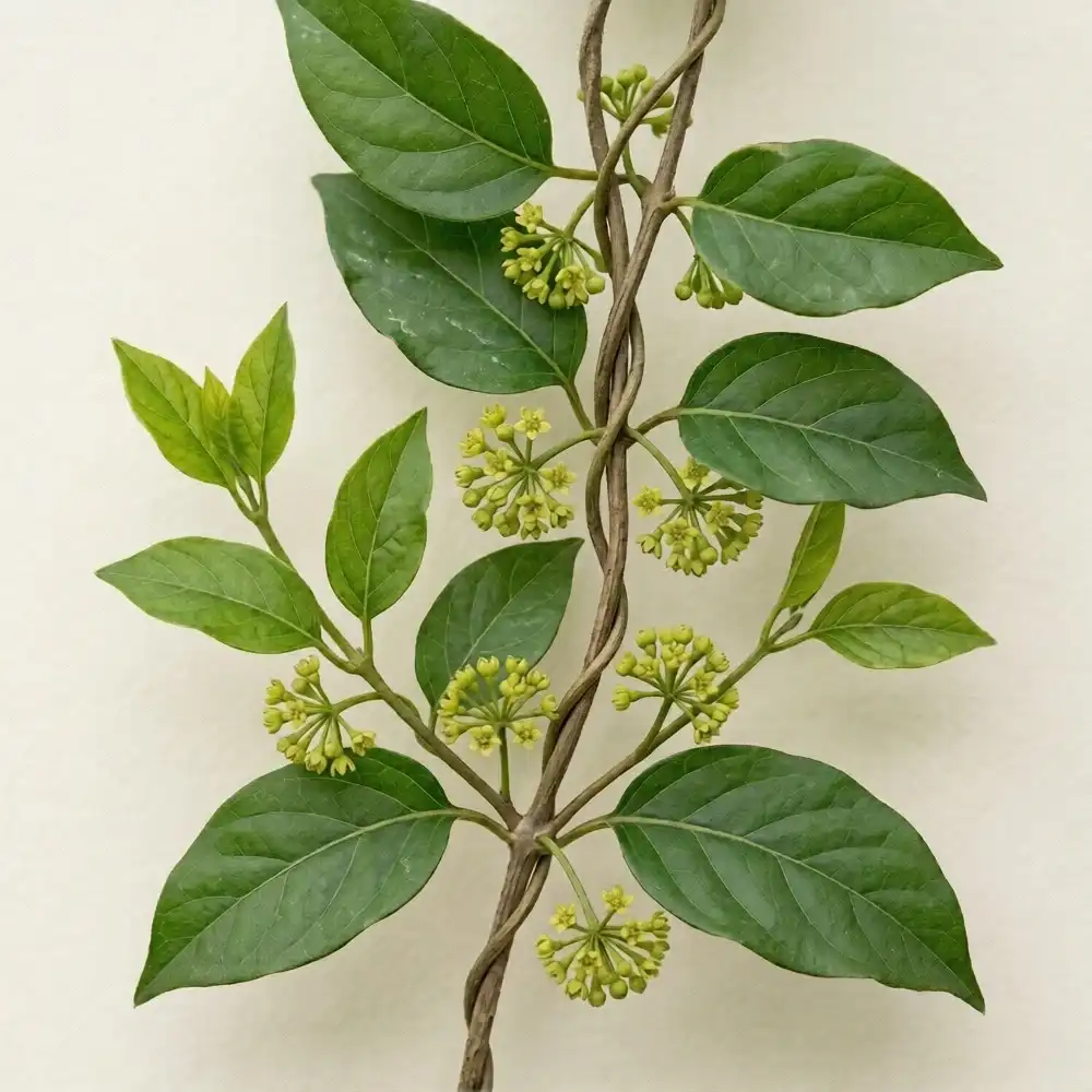 Photographie d'une tige grimpante de Gymnema sylvestre (Gymnéma) montrant ses feuilles opposées et ses grappes de petites fleurs vert-jaune sur un fond clair.