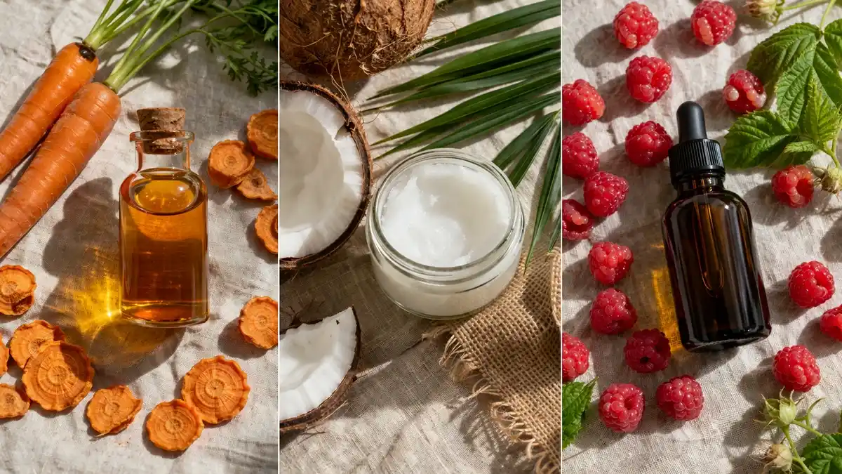 Les meilleures huiles végétales pour accélérer et prolonger le bronzage huiles végétales pour le bronzage : huile de carotte, huile de coco et huile de pépins de framboise