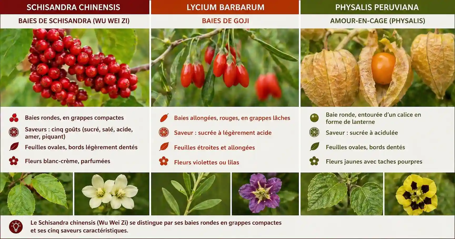 Comment identifier les vraies baies de schisandra Comparaison botanique : baies de Schisandra vs baies de Goji et Physalis